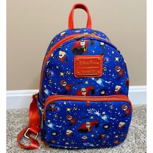Loungefly Disney The Incredibles Mini Backpack Red Orange Trim All Over Print